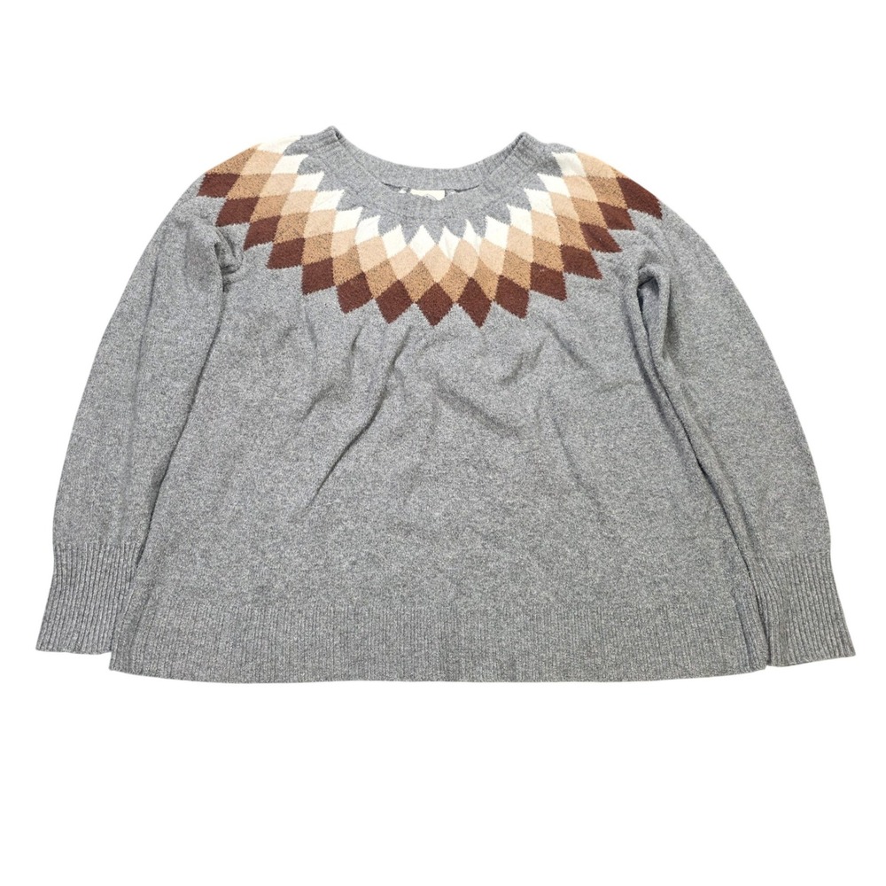 St Johns Bay Fair Isle Argyle Yoke Sweater Women's‎ Size XL Gray Cotton Pullover